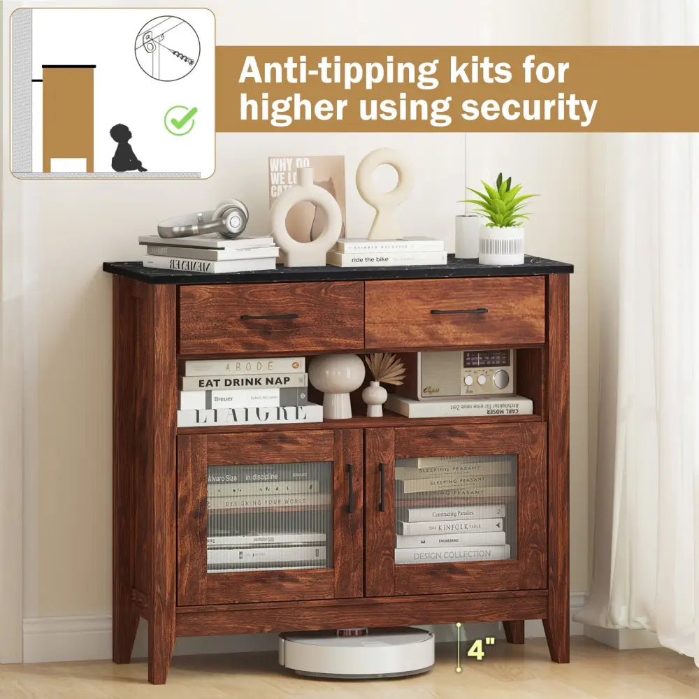 Coffee Bar Cabinet with 2 Drawers and 1 Open Compartment-Brown - Brown - Sideboards Cabinets & Buffets