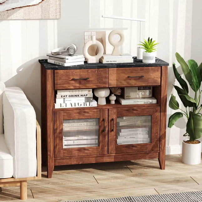 Coffee Bar Cabinet with 2 Drawers and 1 Open Compartment-Brown - Brown - Sideboards Cabinets & Buffets