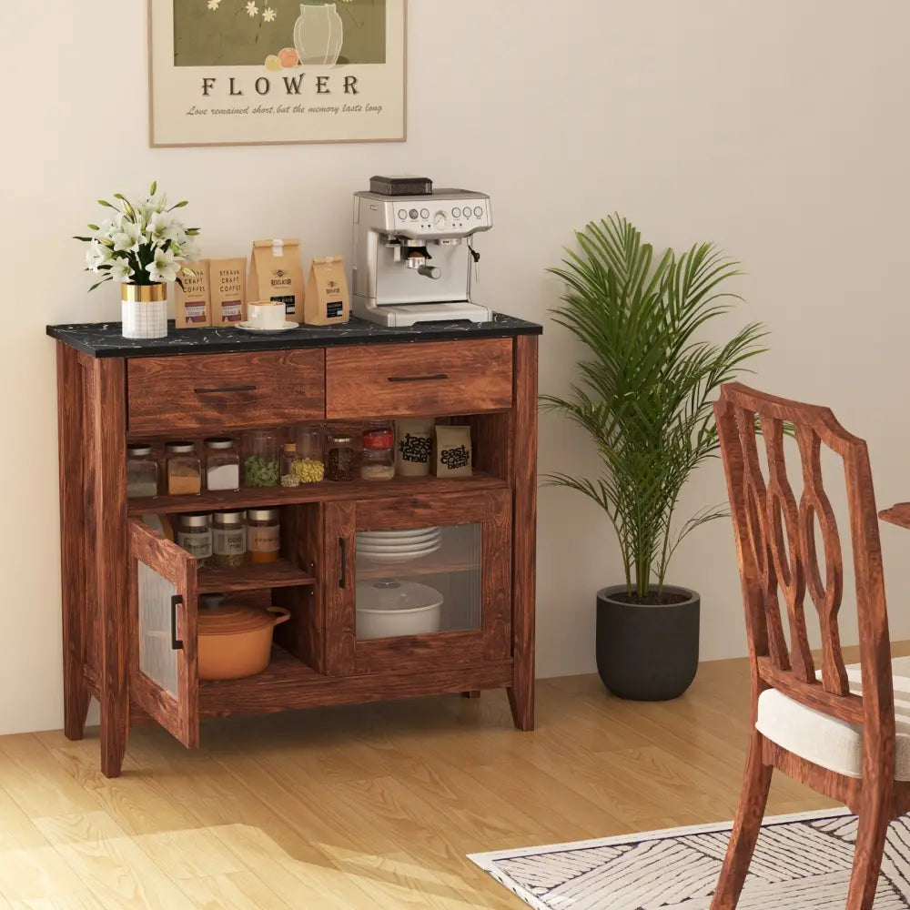 Coffee Bar Cabinet with 2 Drawers and 1 Open Compartment-Brown - Brown - Sideboards Cabinets & Buffets