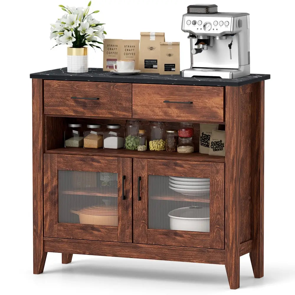 Coffee Bar Cabinet with 2 Drawers and 1 Open Compartment-Brown - Brown - Sideboards Cabinets & Buffets