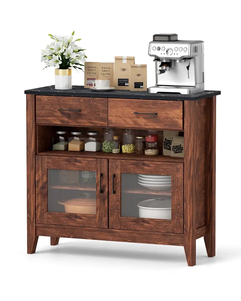Coffee Bar Cabinet with 2 Drawers and 1 Open Compartment-Brown - Brown - Sideboards Cabinets & Buffets