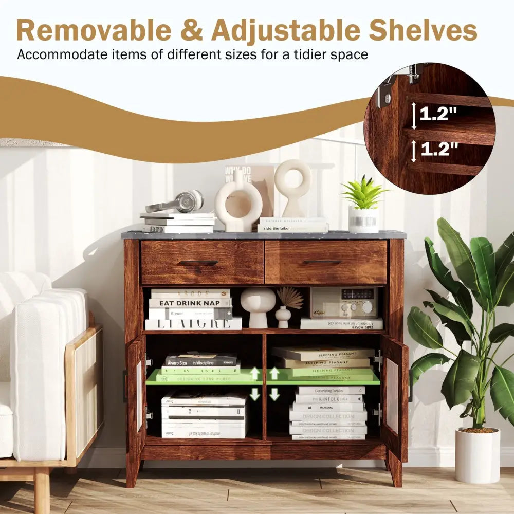 Coffee Bar Cabinet with 2 Drawers and 1 Open Compartment-Brown - Brown - Sideboards Cabinets & Buffets