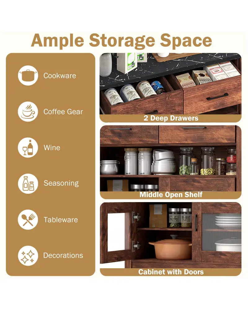 Coffee Bar Cabinet with 2 Drawers and 1 Open Compartment-Brown - Brown - Sideboards Cabinets & Buffets