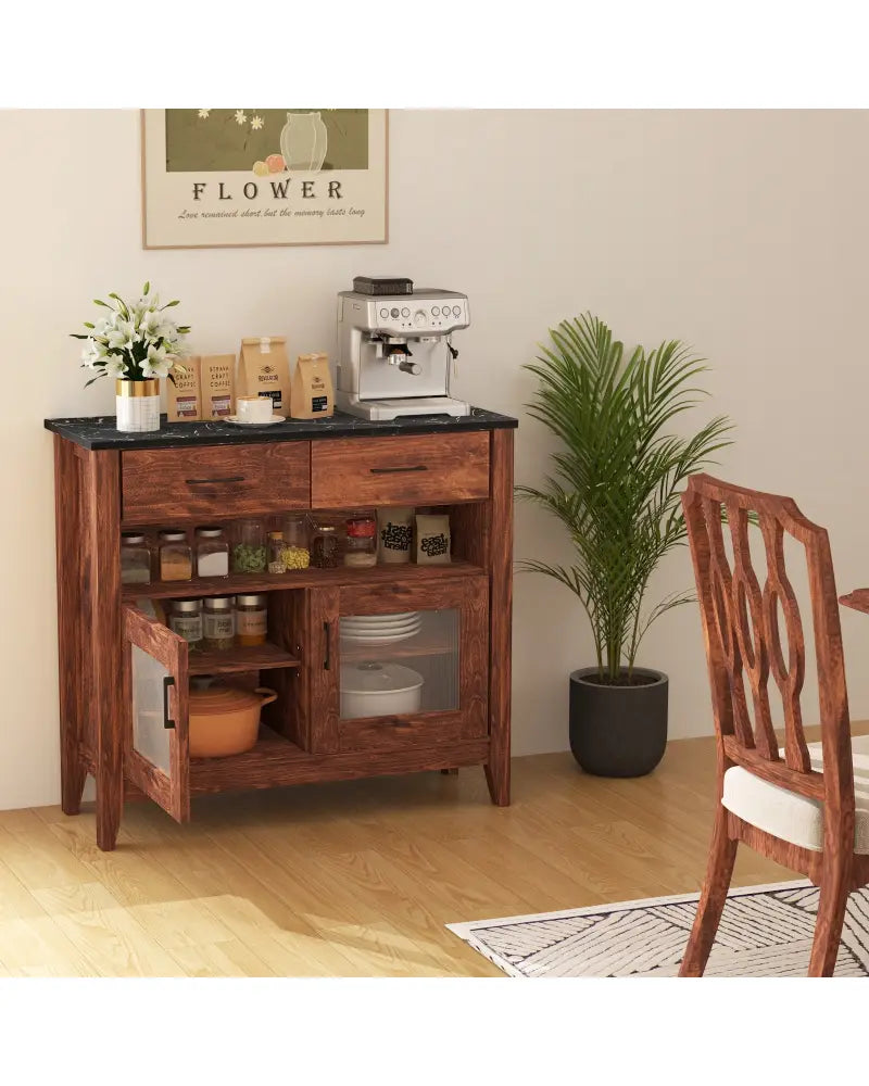 Coffee Bar Cabinet with 2 Drawers and 1 Open Compartment-Brown - Brown - Sideboards Cabinets & Buffets