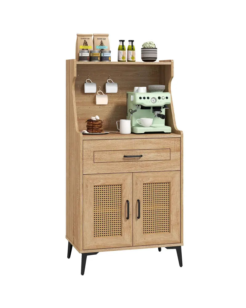 Coffee Bar Cabinet with Pegboard Storage Drawer and Adjustable Shelf-Oak - Oak - Sideboards Cabinets & Buffets