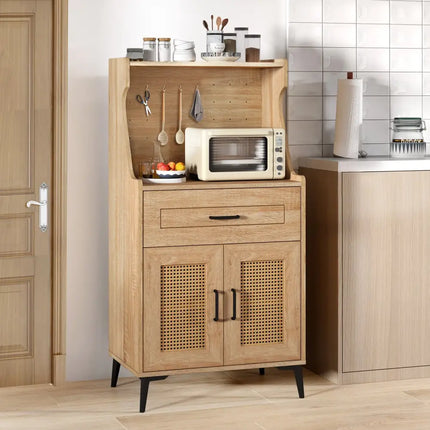 Coffee Bar Cabinet with Pegboard Storage Drawer and Adjustable Shelf-Oak - Oak - Sideboards Cabinets & Buffets