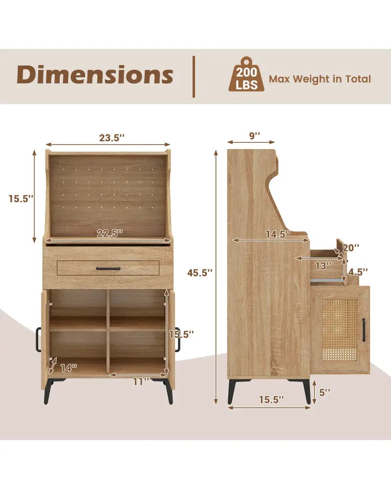 Coffee Bar Cabinet with Pegboard Storage Drawer and Adjustable Shelf-Oak - Oak - Sideboards Cabinets & Buffets