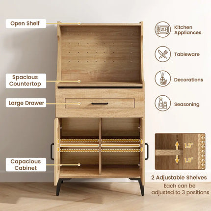Coffee Bar Cabinet with Pegboard Storage Drawer and Adjustable Shelf-Oak - Oak - Sideboards Cabinets & Buffets