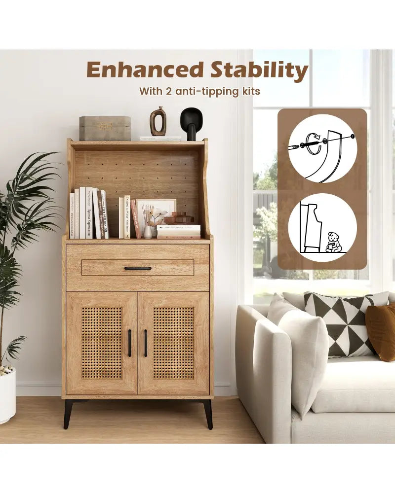 Coffee Bar Cabinet with Pegboard Storage Drawer and Adjustable Shelf-Oak - Oak - Sideboards Cabinets & Buffets