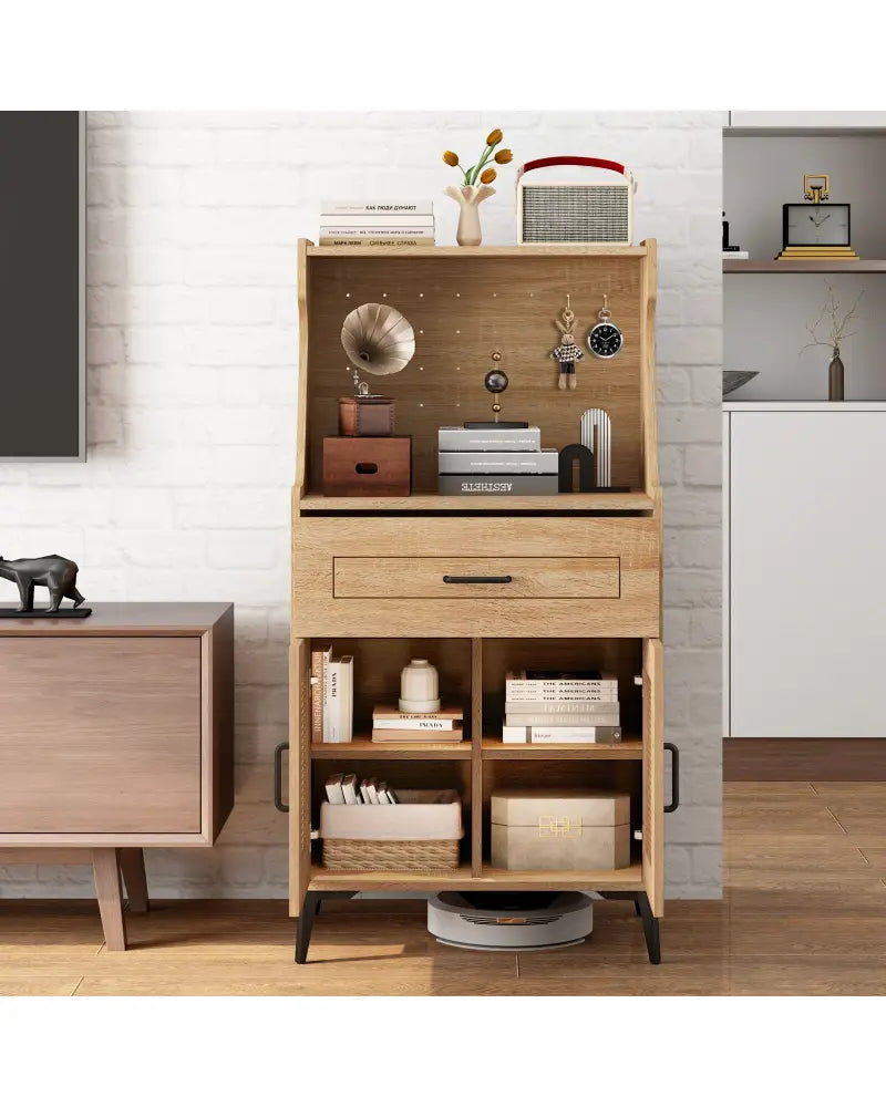 Coffee Bar Cabinet with Pegboard Storage Drawer and Adjustable Shelf-Oak - Oak - Sideboards Cabinets & Buffets