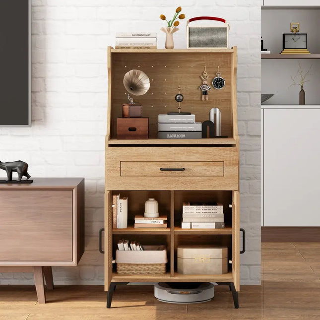 Coffee Bar Cabinet with Pegboard Storage Drawer and Adjustable Shelf-Oak - Oak - Sideboards Cabinets & Buffets