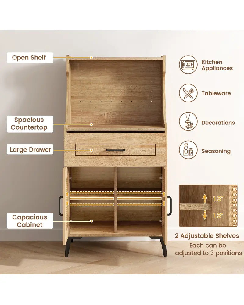 Coffee Bar Cabinet with Pegboard Storage Drawer and Adjustable Shelf-Oak - Oak - Sideboards Cabinets & Buffets