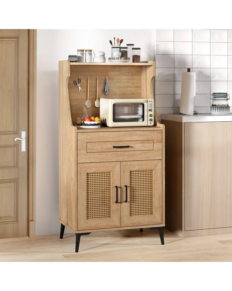 Coffee Bar Cabinet with Pegboard Storage Drawer and Adjustable Shelf-Oak - Oak - Sideboards Cabinets & Buffets