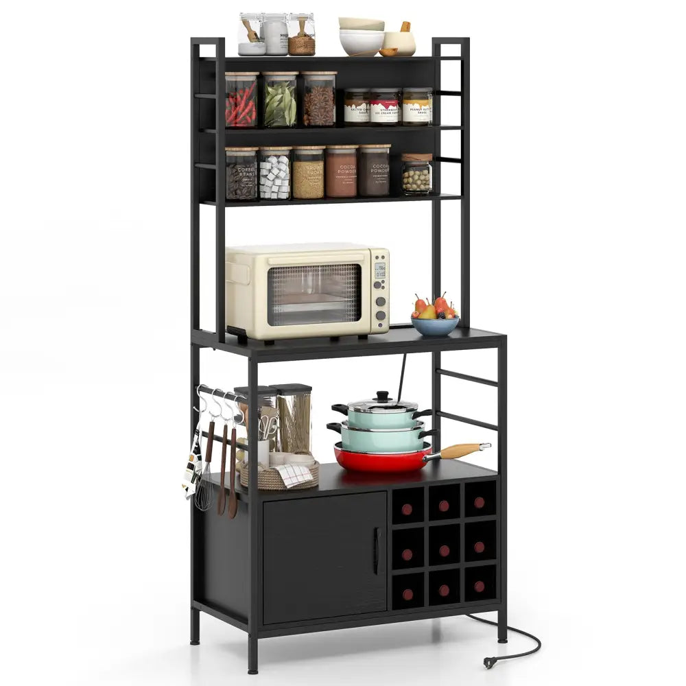 Coffee Bar Cabinet with S-Shaped Hooks and Wine Bottle Holders-Black - Black - Wine Racks