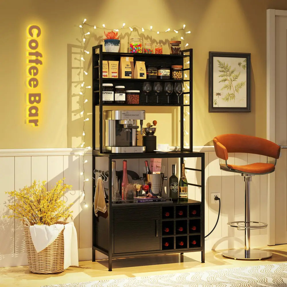 Coffee Bar Cabinet with S-Shaped Hooks and Wine Bottle Holders-Black - Black - Wine Racks