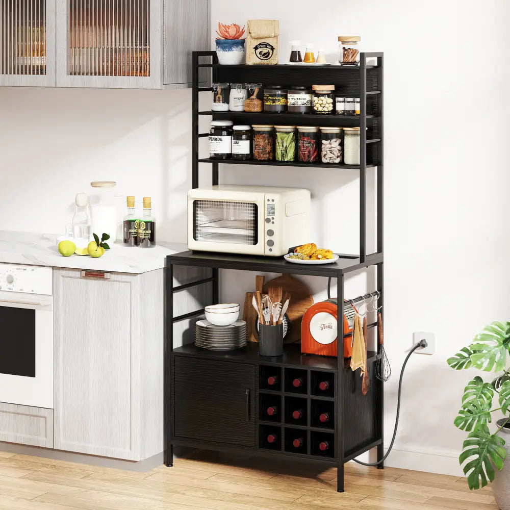 Coffee Bar Cabinet with S-Shaped Hooks and Wine Bottle Holders-Black - Black - Wine Racks
