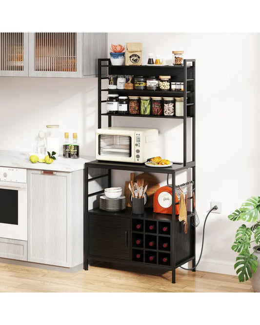 Coffee Bar Cabinet with S-Shaped Hooks and Wine Bottle Holders-Black - Black - Wine Racks