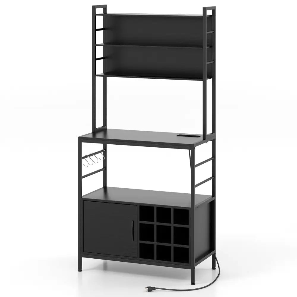 Coffee Bar Cabinet with S-Shaped Hooks and Wine Bottle Holders-Black - Black - Wine Racks