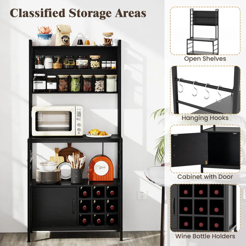 Coffee Bar Cabinet with S-Shaped Hooks and Wine Bottle Holders-Black - Black - Wine Racks
