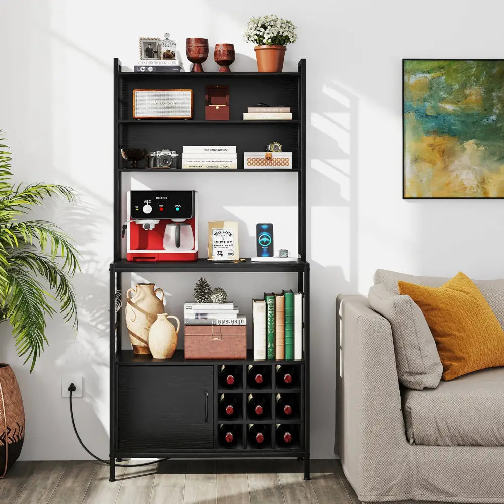 Coffee Bar Cabinet with S-Shaped Hooks and Wine Bottle Holders-Black - Black - Wine Racks