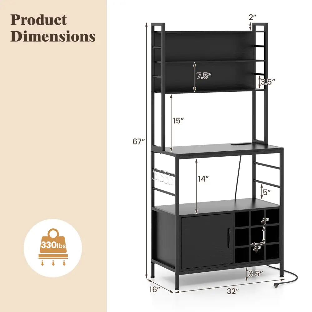 Coffee Bar Cabinet with S-Shaped Hooks and Wine Bottle Holders-Black - Black - Wine Racks