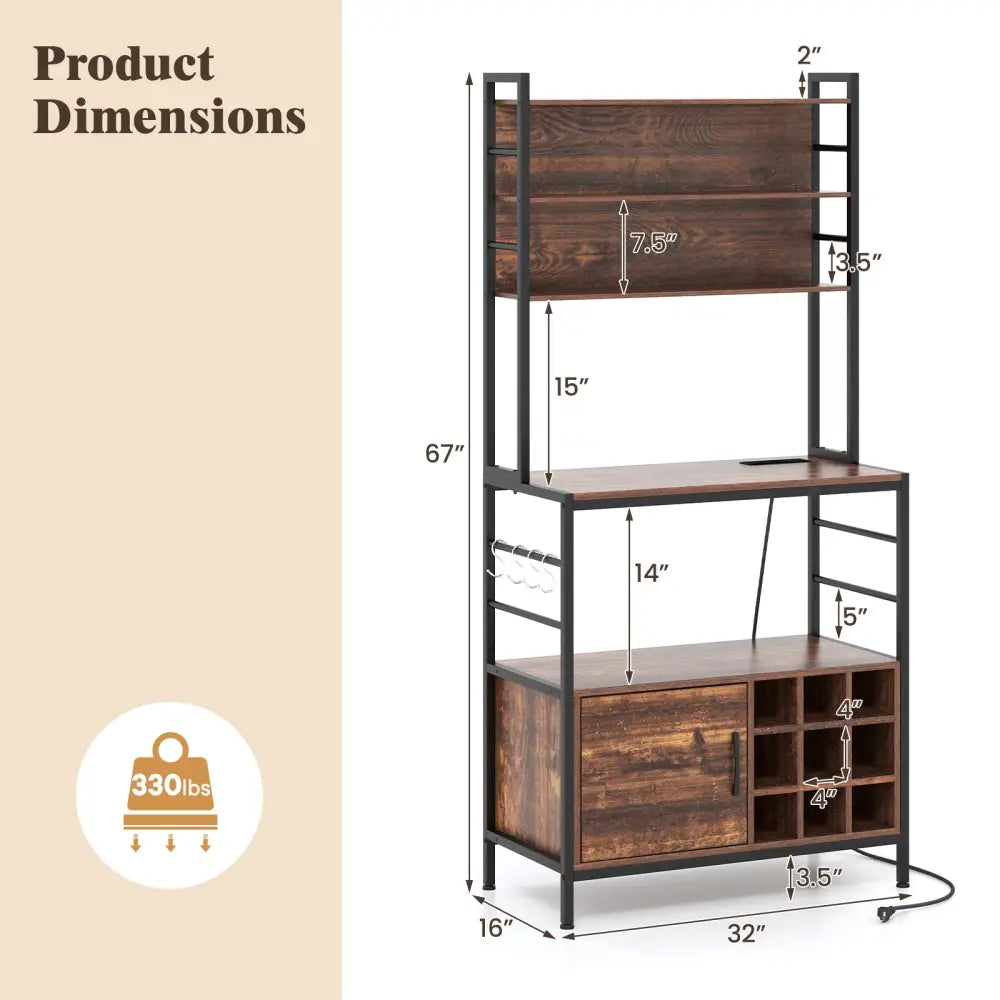 Coffee Bar Cabinet with S-Shaped Hooks and Wine Bottle Holders-Rustic Brown - Rustic Brown - Wine Racks