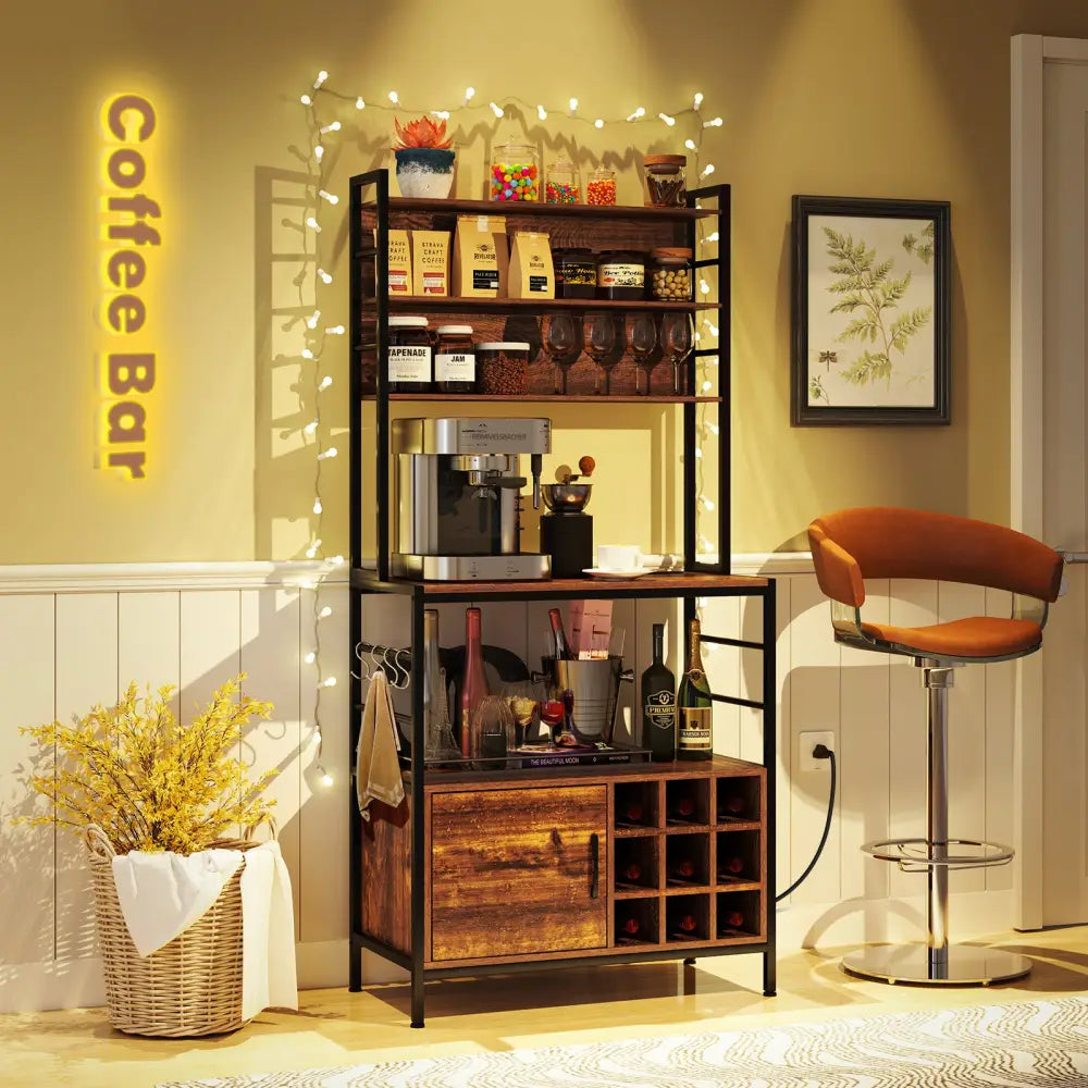 Coffee Bar Cabinet with S-Shaped Hooks and Wine Bottle Holders-Rustic Brown - Rustic Brown - Wine Racks