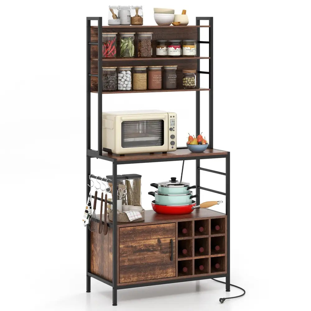 Coffee Bar Cabinet with S-Shaped Hooks and Wine Bottle Holders-Rustic Brown - Rustic Brown - Wine Racks