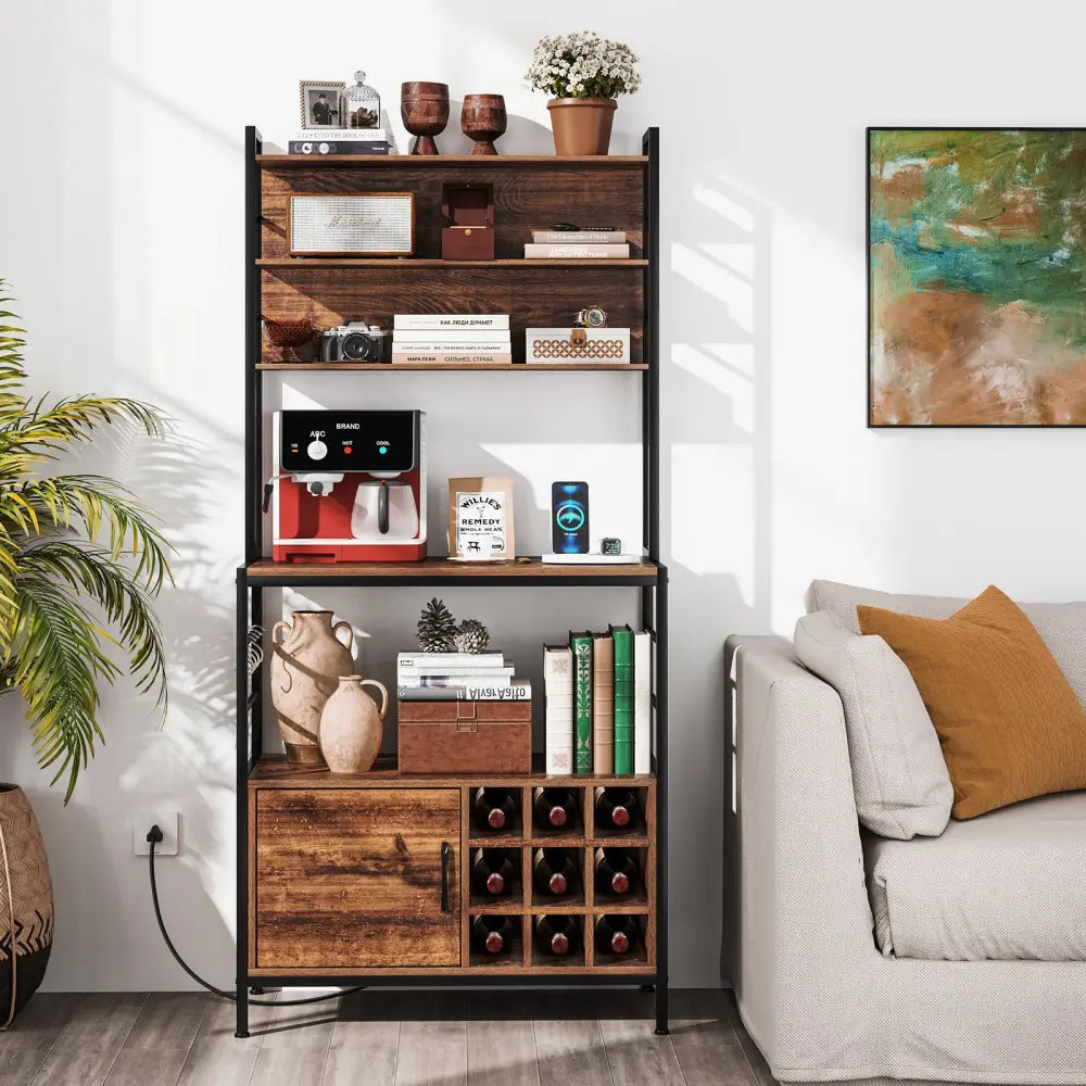 Coffee Bar Cabinet with S-Shaped Hooks and Wine Bottle Holders-Rustic Brown - Rustic Brown - Wine Racks