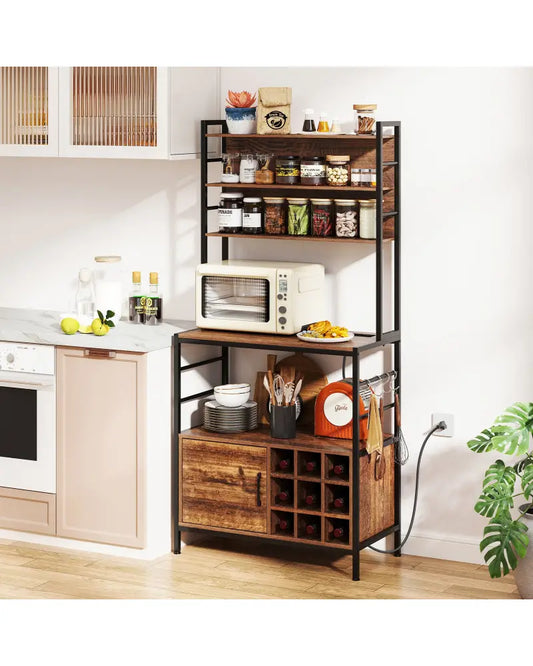 Coffee Bar Cabinet with S-Shaped Hooks and Wine Bottle Holders-Rustic Brown - Rustic Brown - Wine Racks