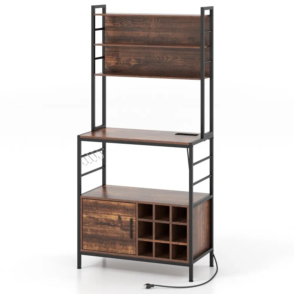 Coffee Bar Cabinet with S-Shaped Hooks and Wine Bottle Holders-Rustic Brown - Rustic Brown - Wine Racks