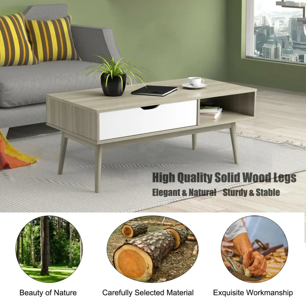 Coffee Cocktail Accent Table with Drawer and Storage Shelf-Gray - Gray - Coffee Tables