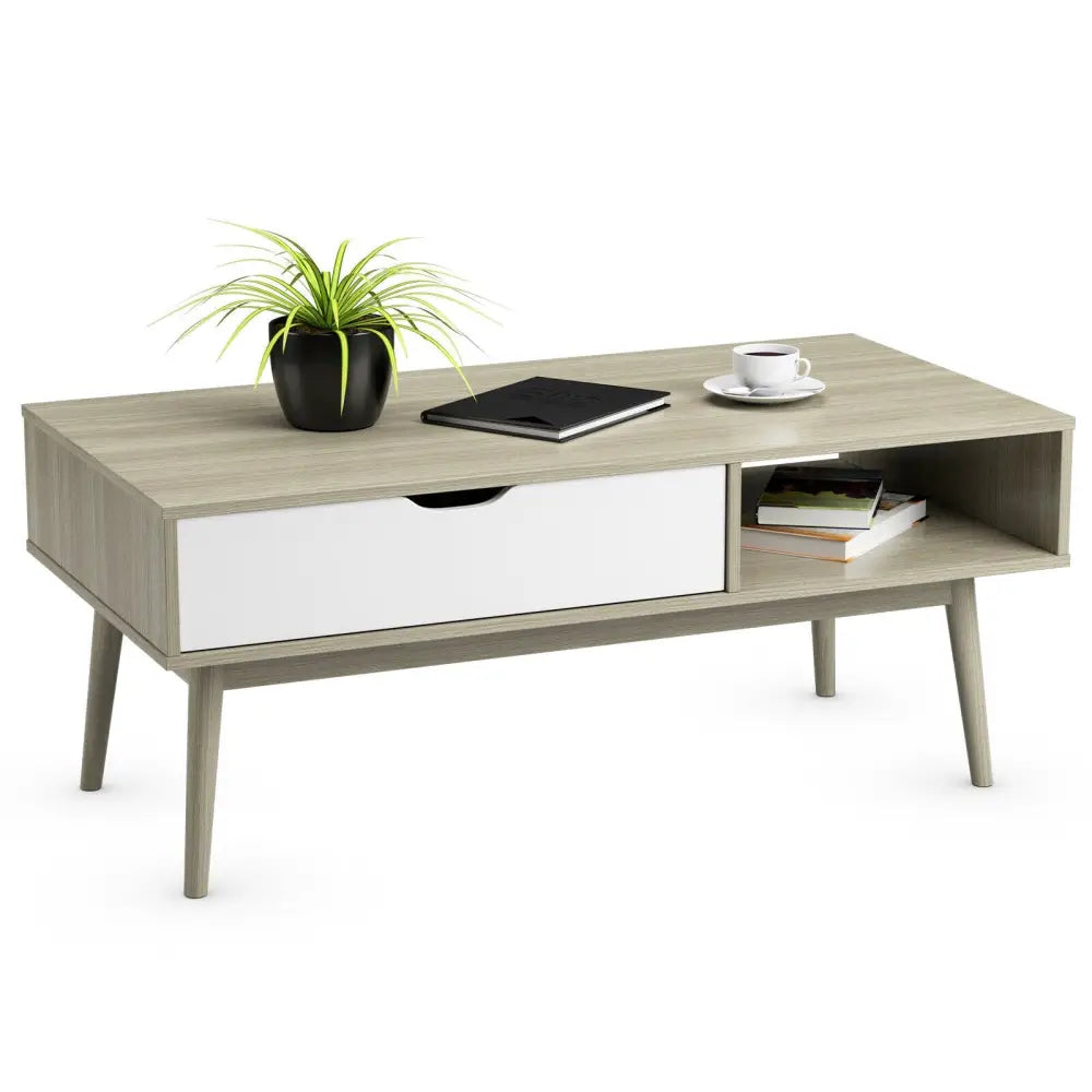 Coffee Cocktail Accent Table with Drawer and Storage Shelf-Gray - Gray - Coffee Tables