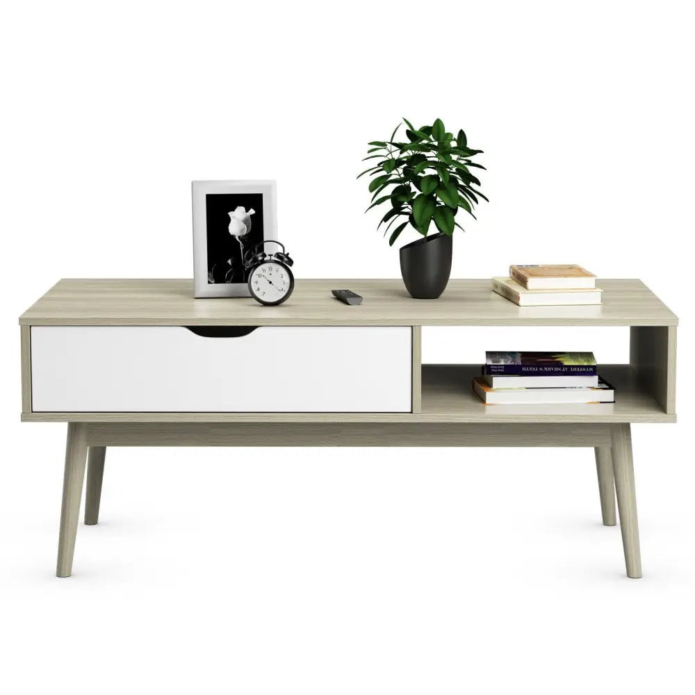 Coffee Cocktail Accent Table with Drawer and Storage Shelf-Gray - Gray - Coffee Tables