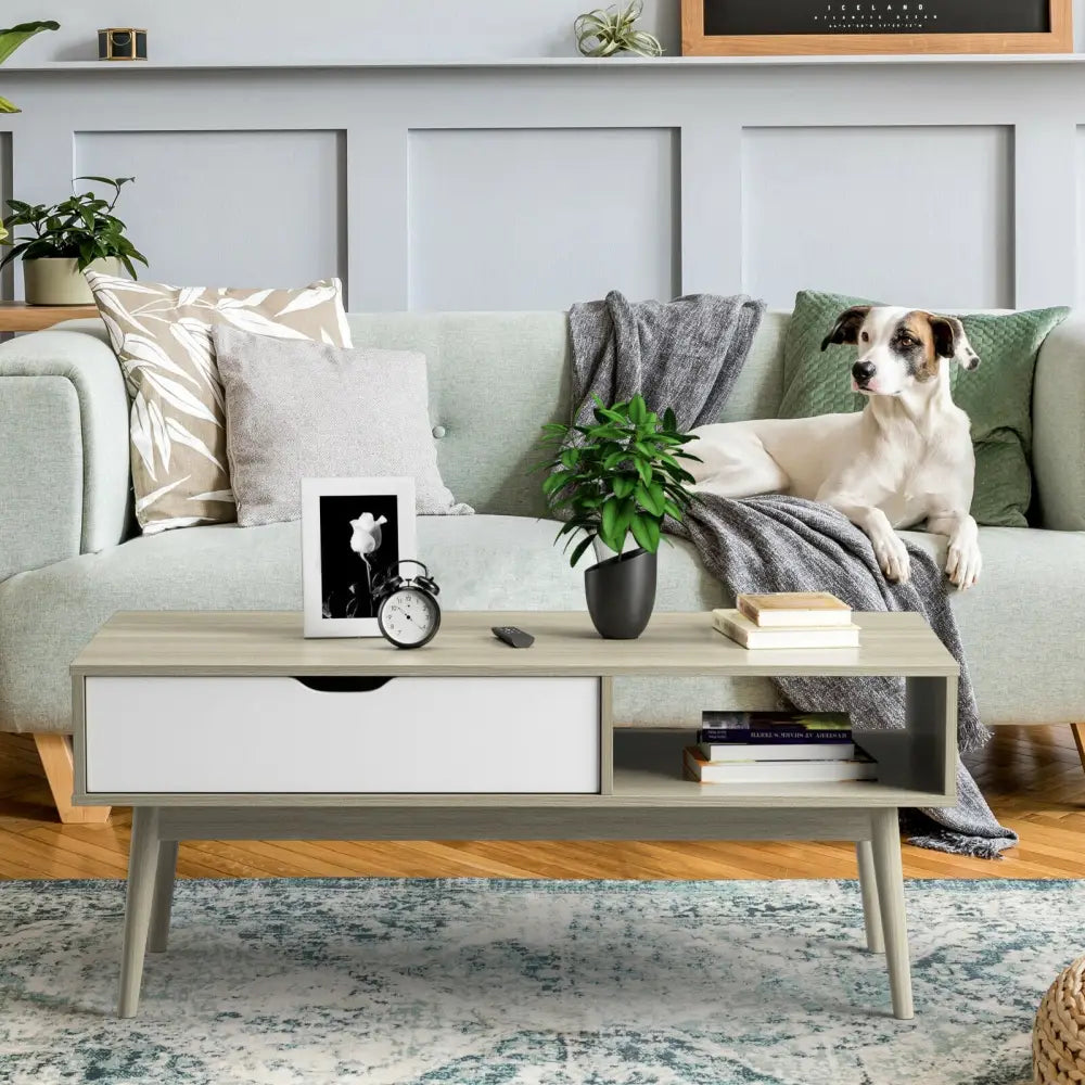 Coffee Cocktail Accent Table with Drawer and Storage Shelf-Gray - Gray - Coffee Tables
