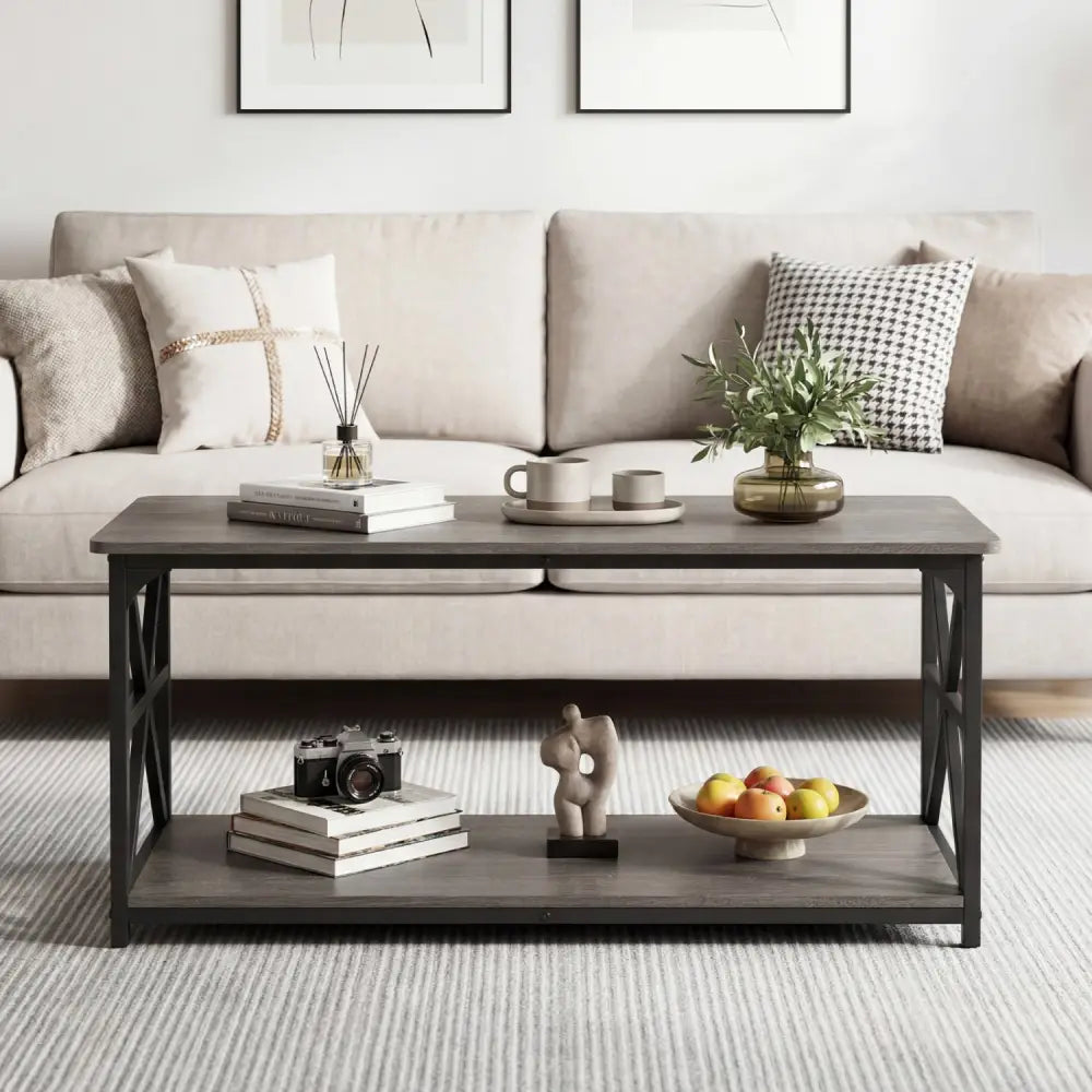 Coffee Table 2-Tier Center Table with Storage Shelf-Oak - Oak - Coffee Tables