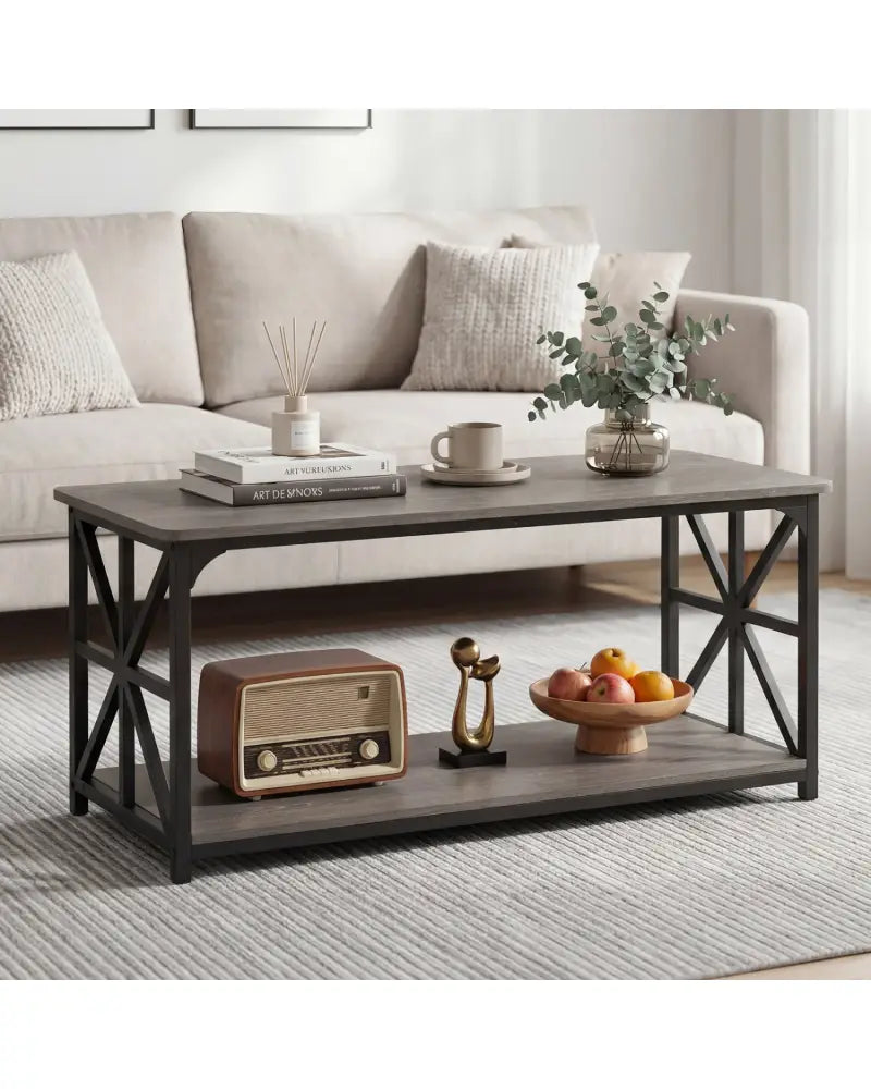 Coffee Table 2-Tier Center Table with Storage Shelf-Oak - Oak - Coffee Tables