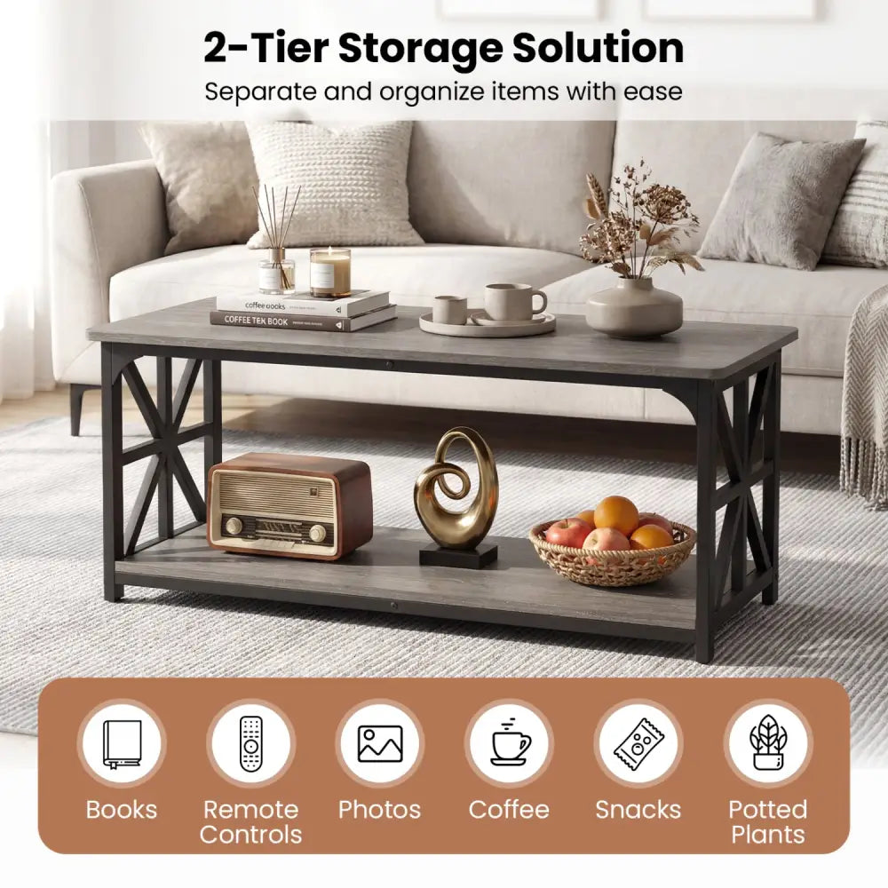 Coffee Table 2-Tier Center Table with Storage Shelf-Oak - Oak - Coffee Tables