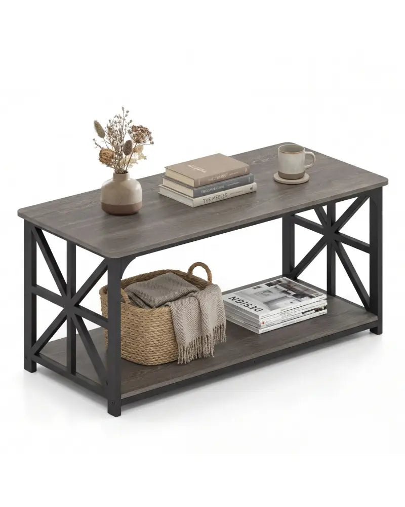 Coffee Table 2-Tier Center Table with Storage Shelf-Oak - Oak - Coffee Tables