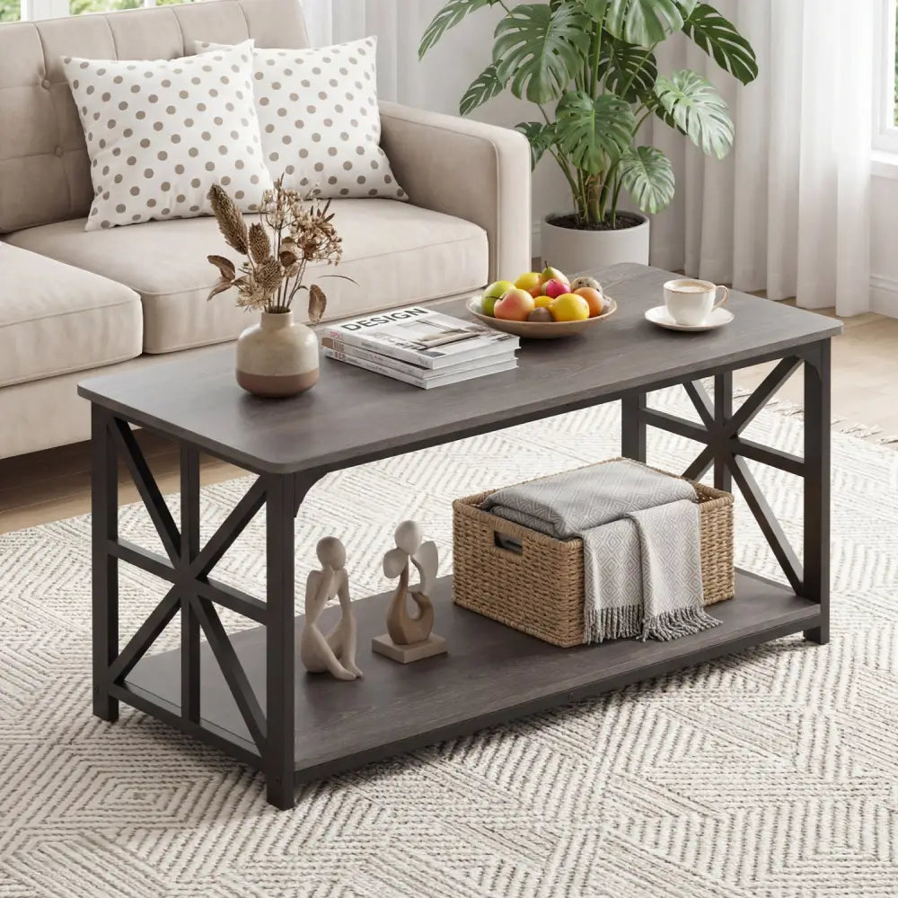 Coffee Table 2-Tier Center Table with Storage Shelf-Oak - Oak - Coffee Tables