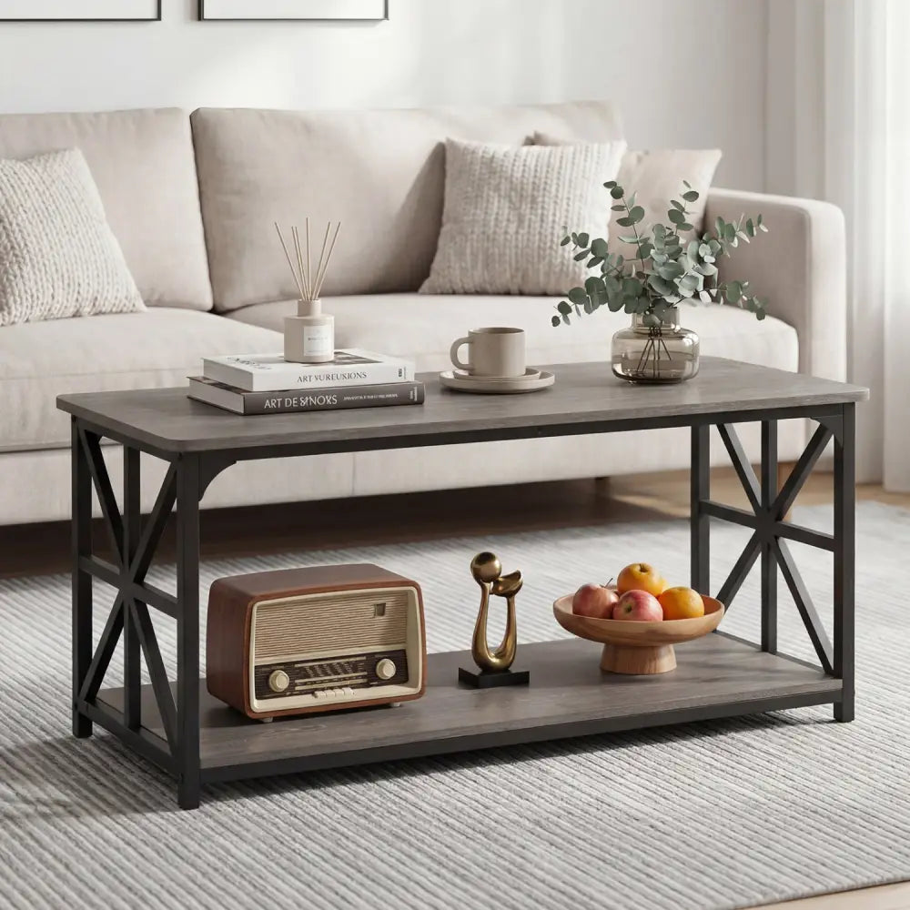 Coffee Table 2-Tier Center Table with Storage Shelf-Oak - Oak - Coffee Tables