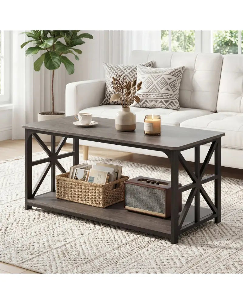 Coffee Table 2-Tier Center Table with Storage Shelf-Oak - Oak - Coffee Tables