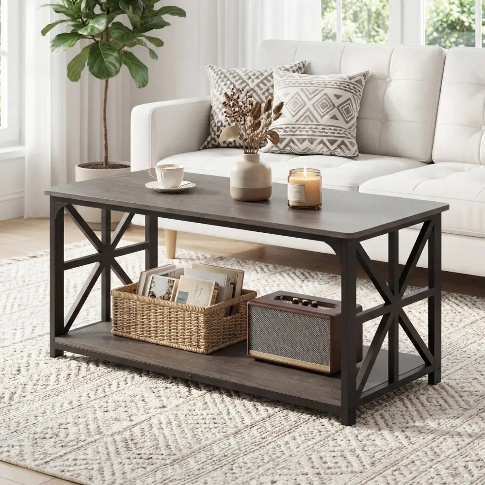 Coffee Table 2-Tier Center Table with Storage Shelf-Oak - Oak - Coffee Tables