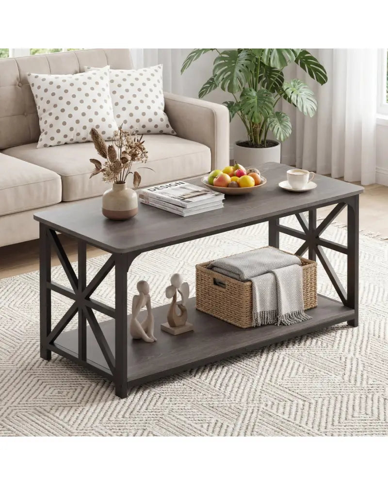 Coffee Table 2-Tier Center Table with Storage Shelf-Oak - Oak - Coffee Tables
