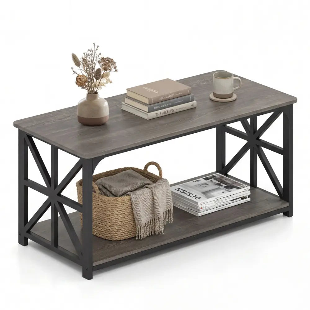 Coffee Table 2-Tier Center Table with Storage Shelf-Oak - Oak - Coffee Tables