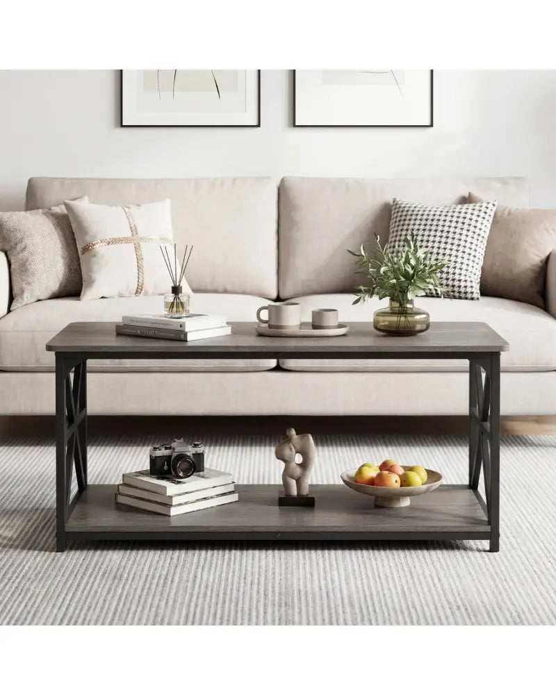 Coffee Table 2-Tier Center Table with Storage Shelf-Oak - Oak - Coffee Tables