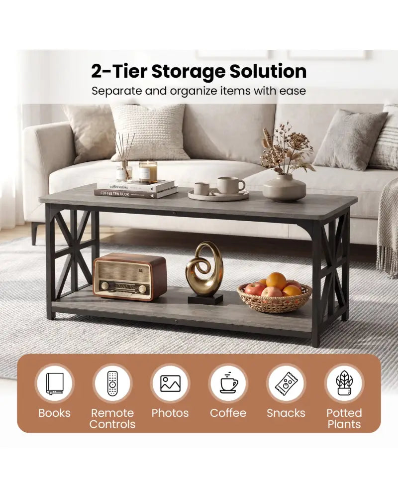 Coffee Table 2-Tier Center Table with Storage Shelf-Oak - Oak - Coffee Tables