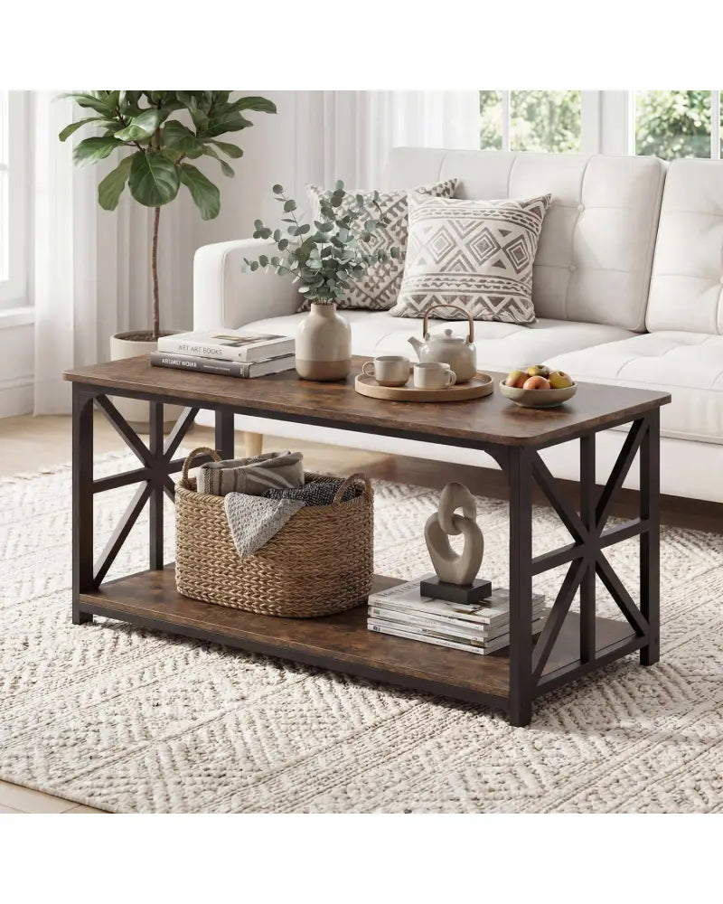 Coffee Table 2-Tier Center Table with Storage Shelf-Rustic Brown - Rustic Brown - Coffee Tables