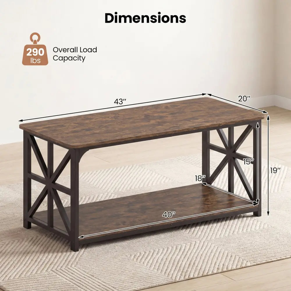 Coffee Table 2-Tier Center Table with Storage Shelf-Rustic Brown - Rustic Brown - Coffee Tables