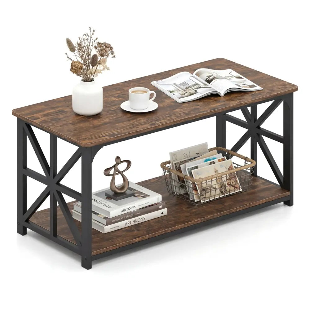 Coffee Table 2-Tier Center Table with Storage Shelf-Rustic Brown - Rustic Brown - Coffee Tables